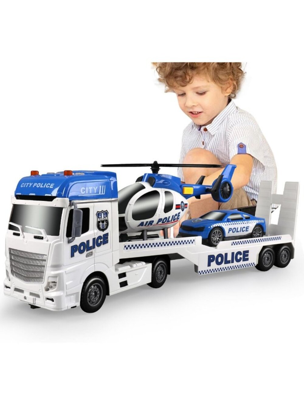 25" Semi Truck Toy with Racing Car & Helicopter - Fun Police Toys for Kids 2-6